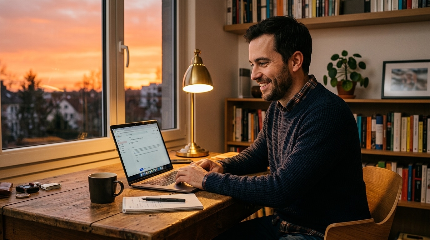 Homme envoyant une candidature depuis son bureau au coucher du soleil