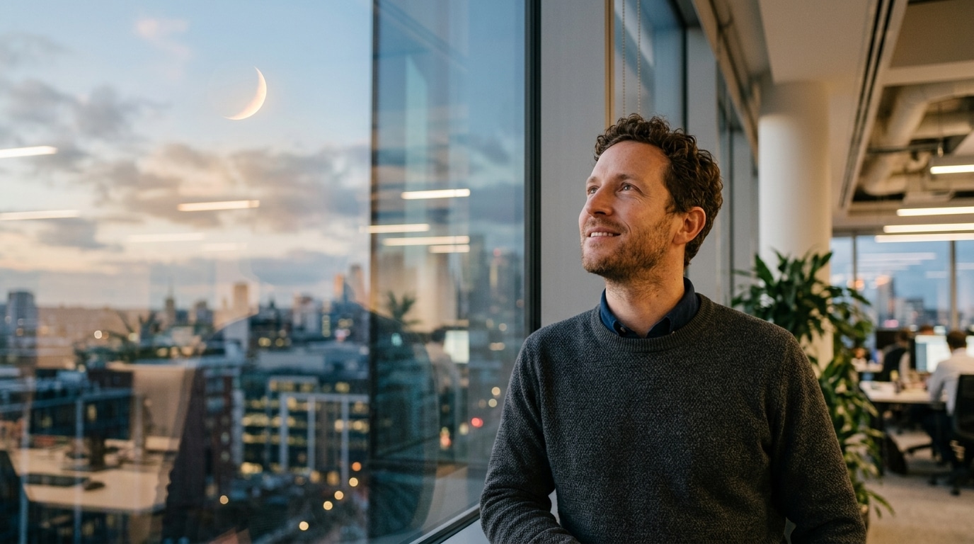 Professionnel au regard soulagé devant un ciel de nouvelle lune
