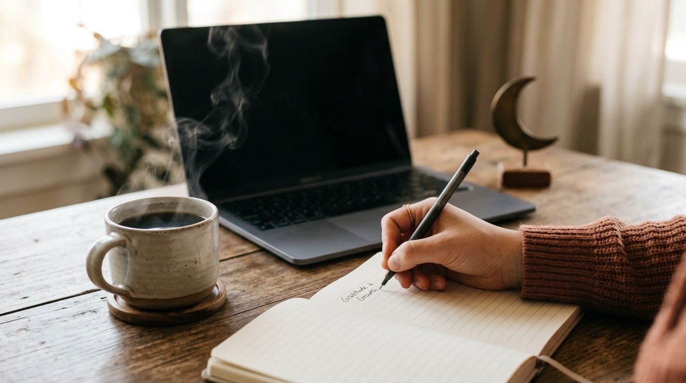 Main écrivant une intention dans un carnet près d'un café
