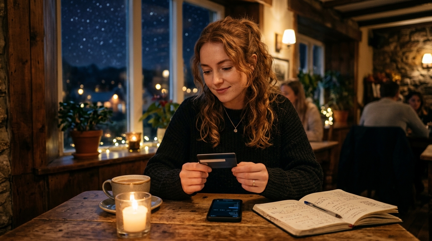 Femme hésitante avec sa carte bancaire à la lueur des bougies