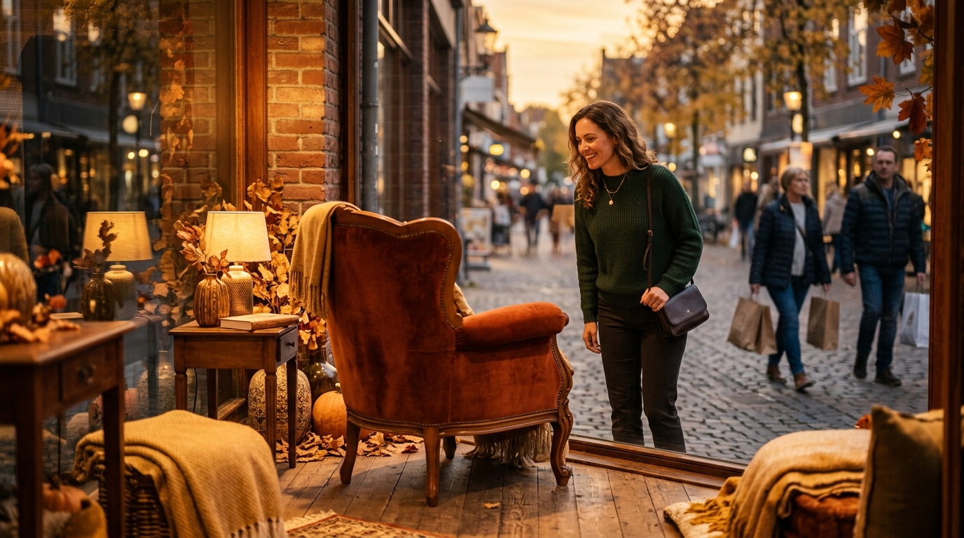 Femme tentée devant une vitrine de fauteuil en velours