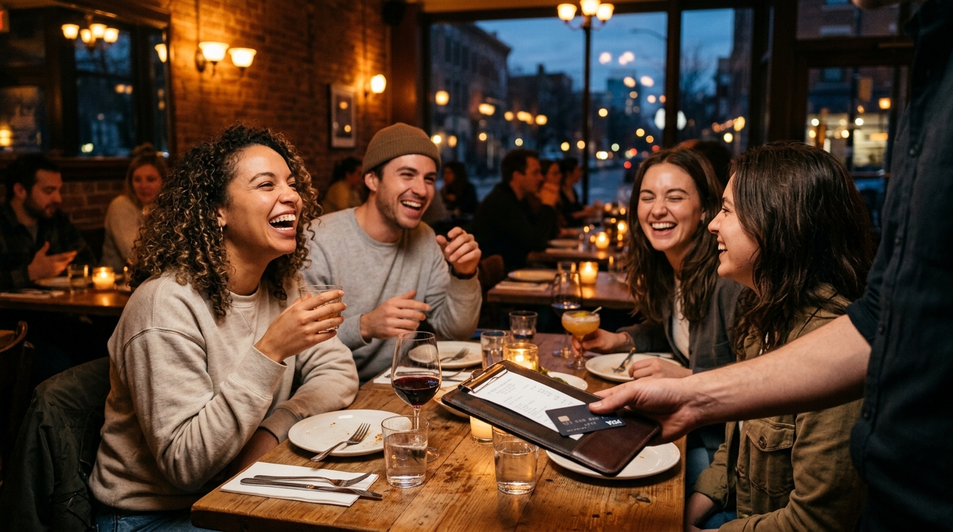 Amis autour d'une table de restaurant avec l'addition
