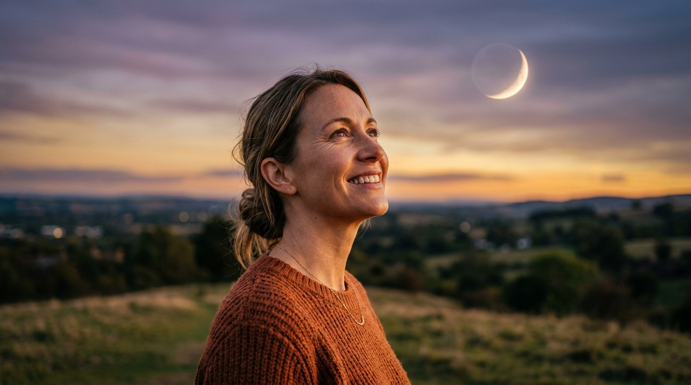 Femme souriante regardant une nouvelle lune au crépuscule
