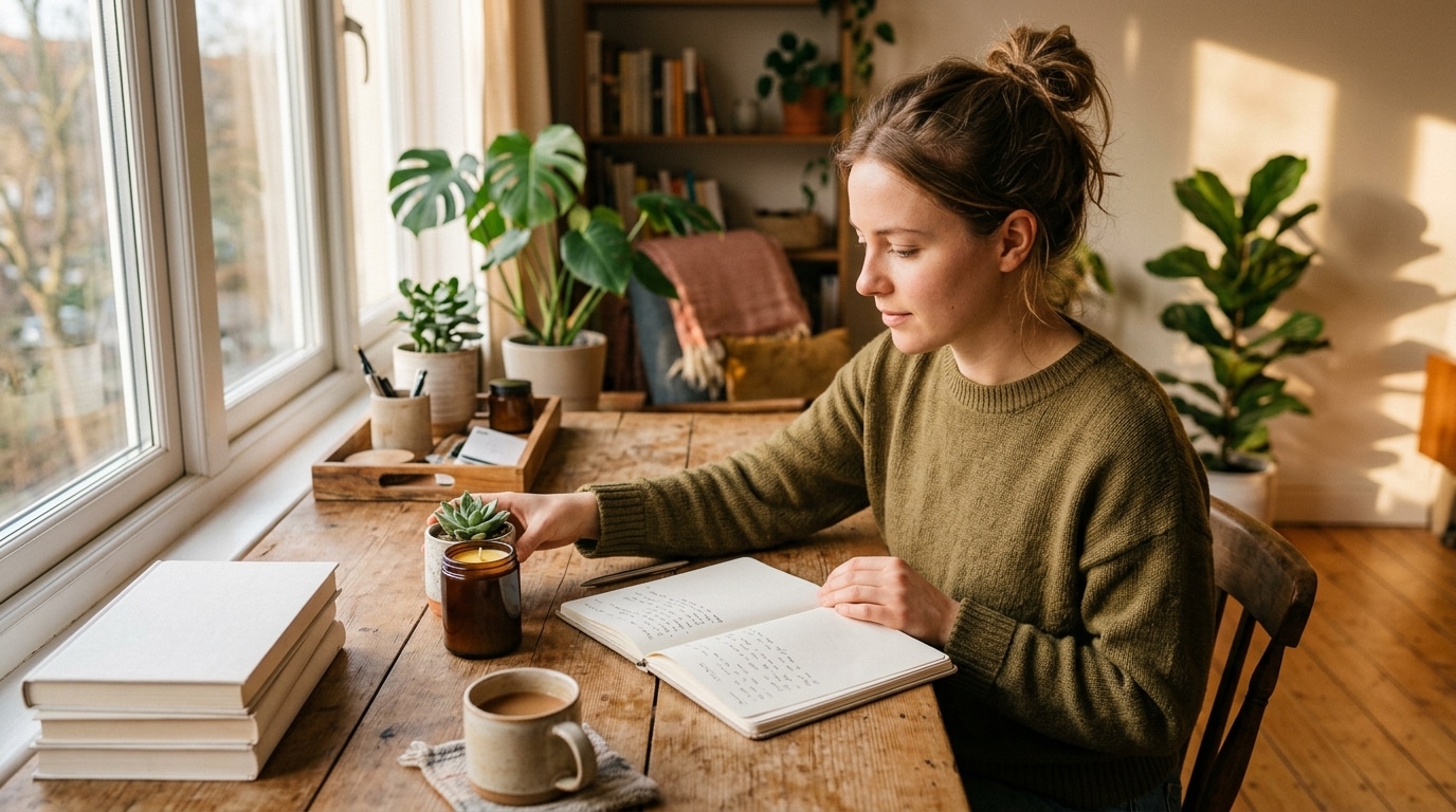 Femme rangeant son bureau avec une bougie et une plante