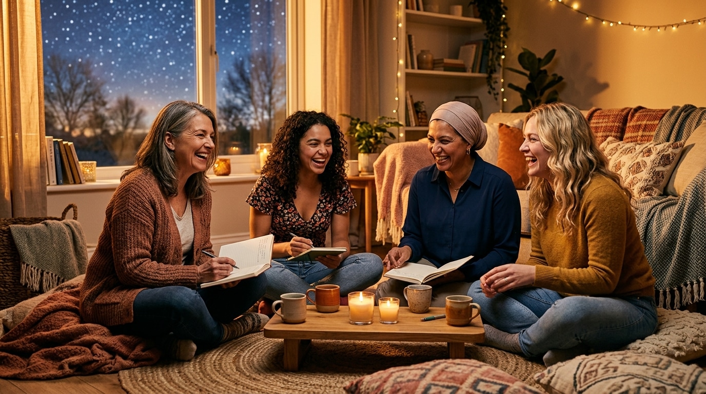 Amis réunis avec carnets et tisane dans une ambiance chaleureuse