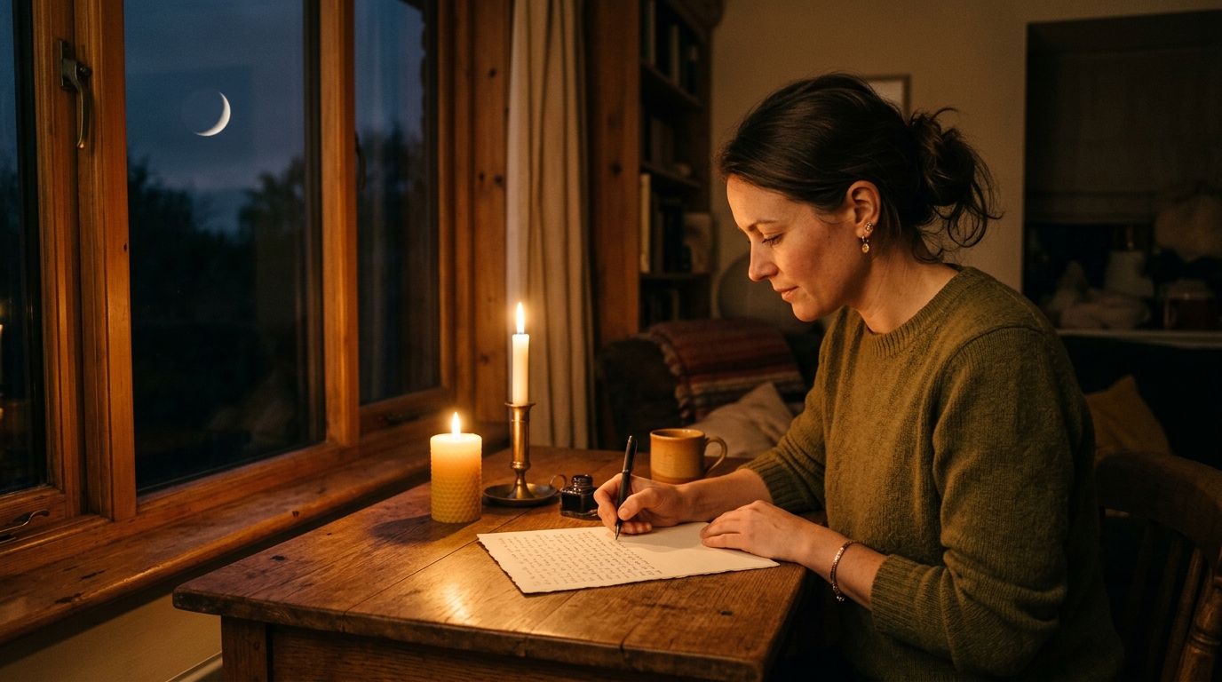 Femme écrivant son vœu à la lueur d'une bougie