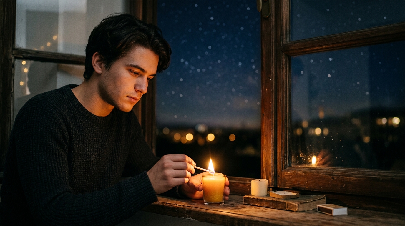 Homme allumant une bougie sous un ciel étoilé