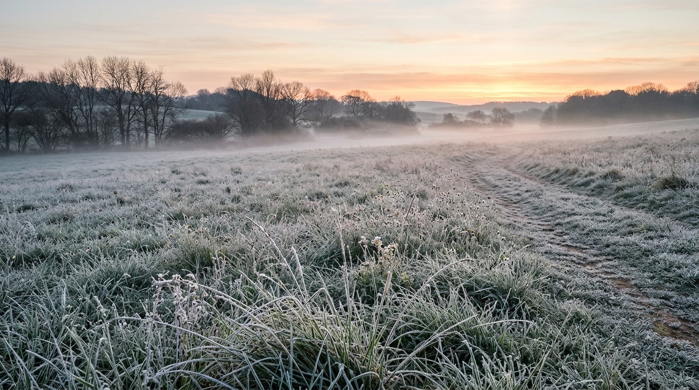 Prairie couverte de givre au lever du soleil