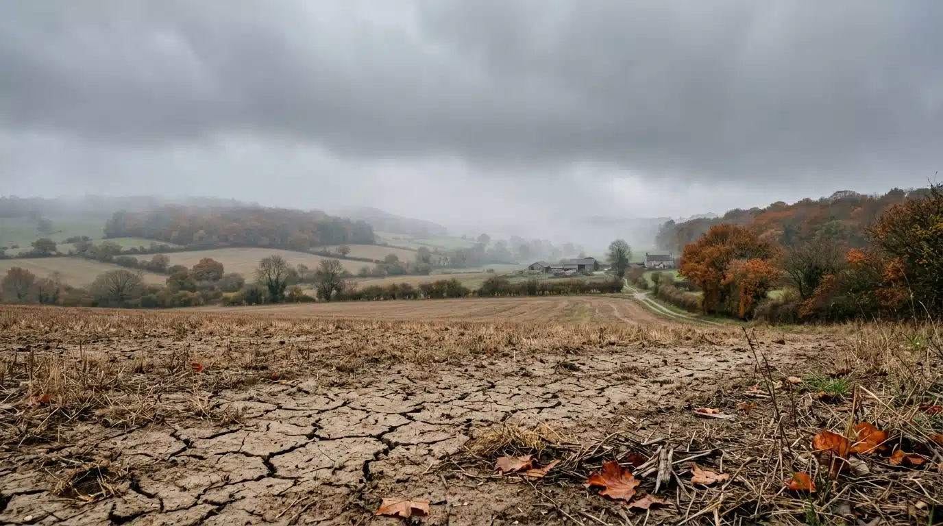 Brouillard sur un champ sec en automne