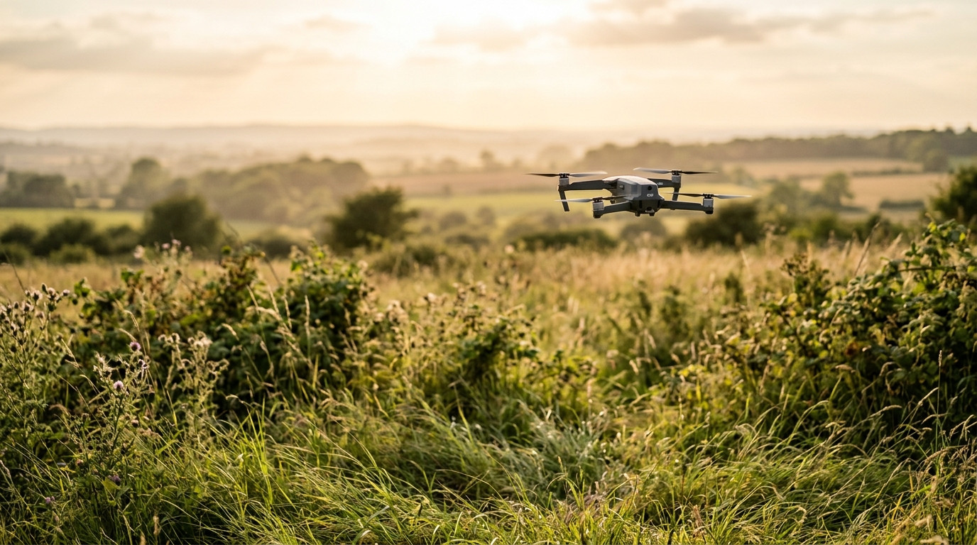 Drone survolant un terrain herbeux et des buissons