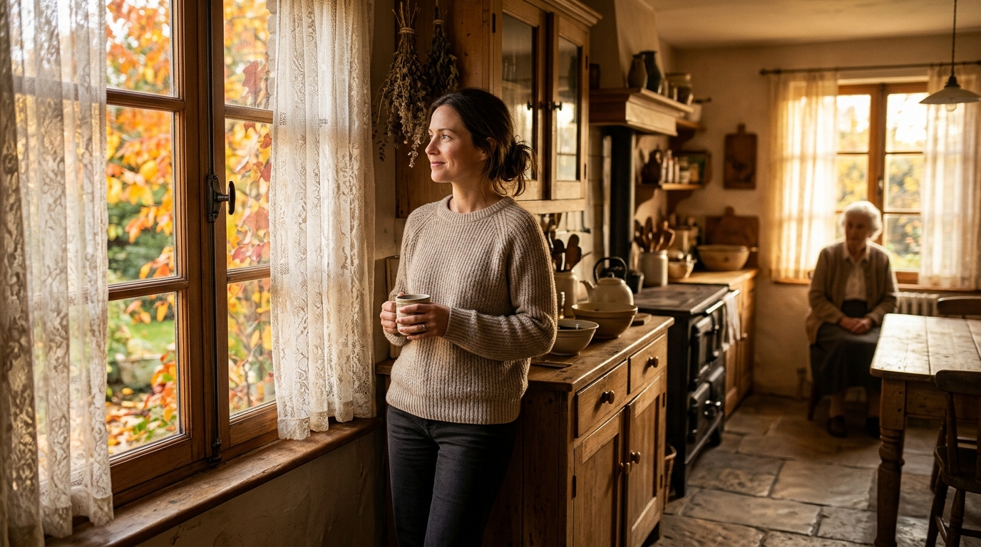 Femme dans une cuisine familiale baignée de lumière dorée