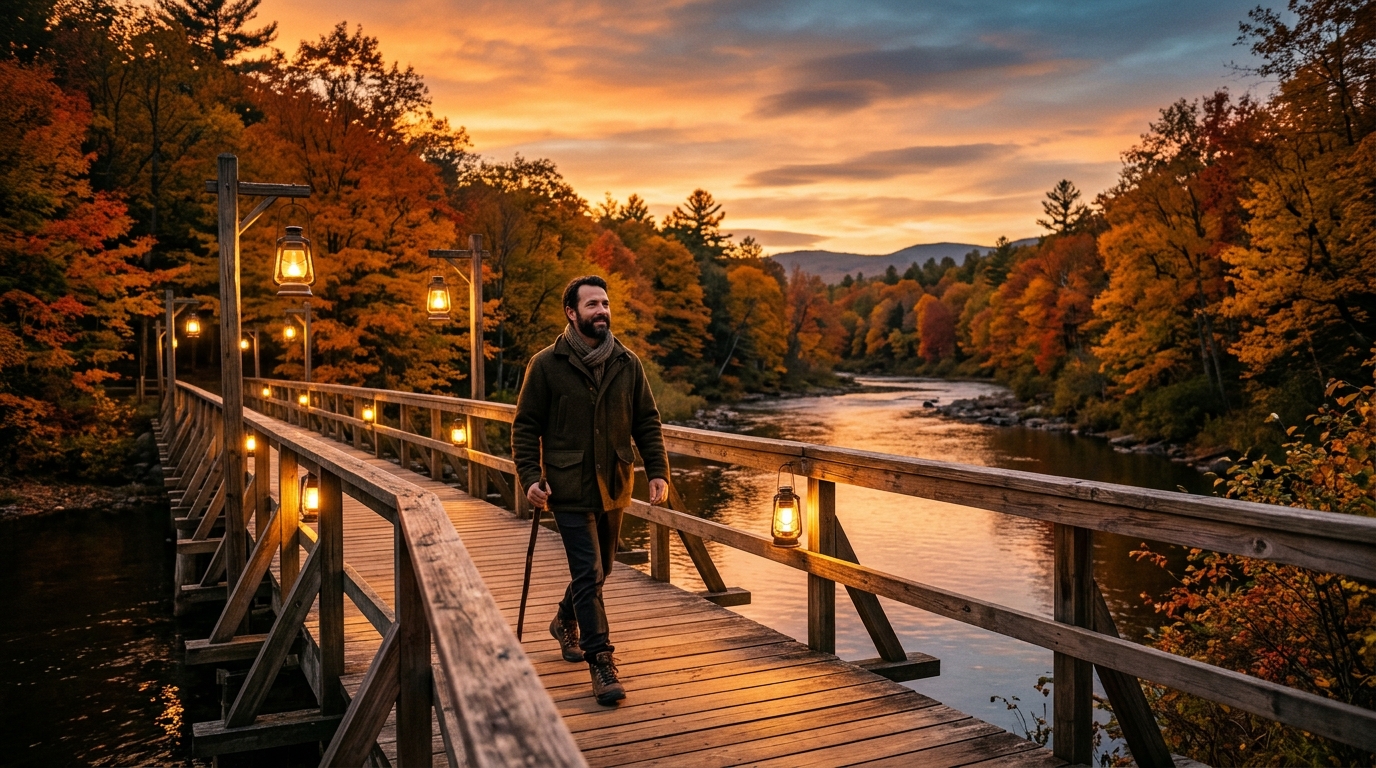 Homme traversant un pont lumineux au crépuscule d'automne