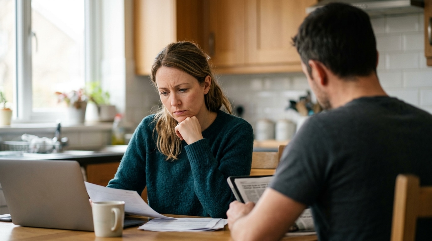 Femme pensive à une table de cuisine, partenaire de dos