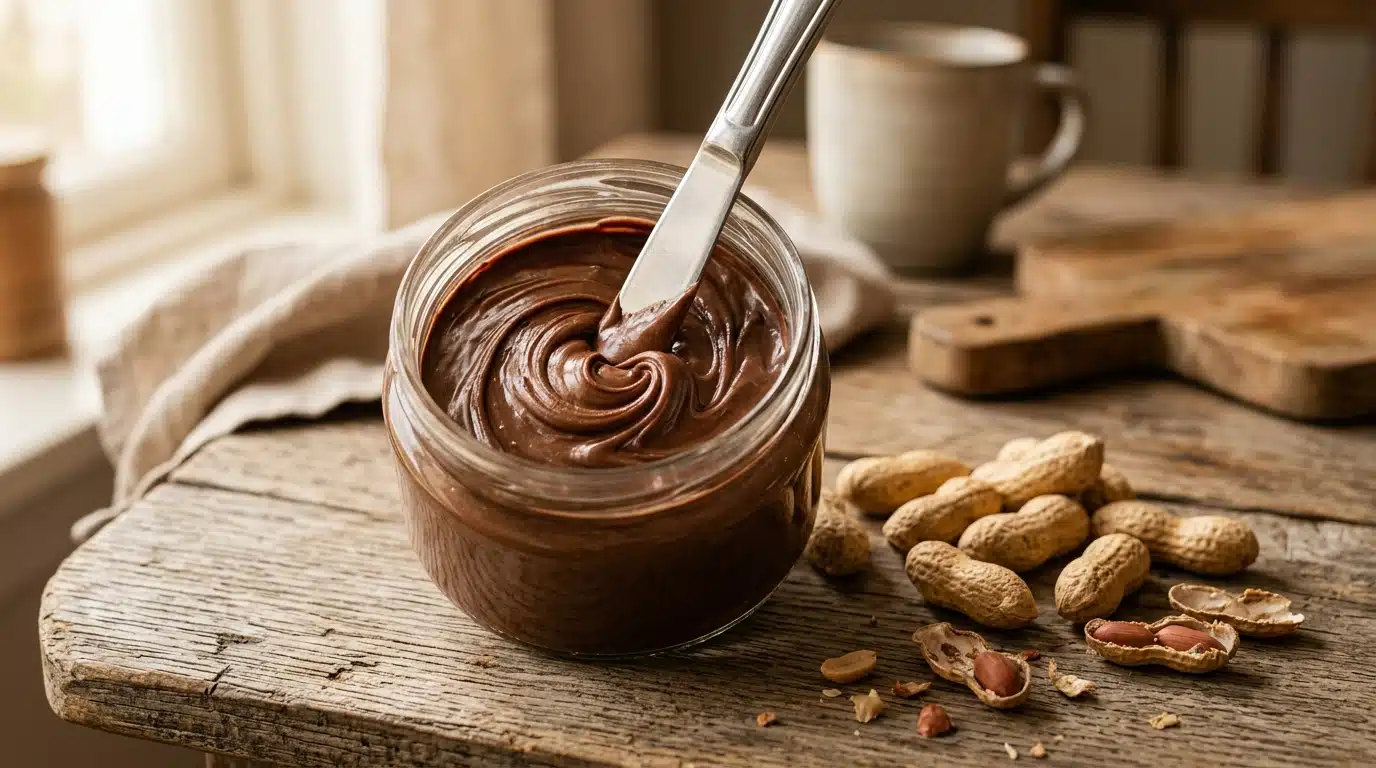 Pot de pâte à tartiner chocolatée avec cacahuètes sur table en bois