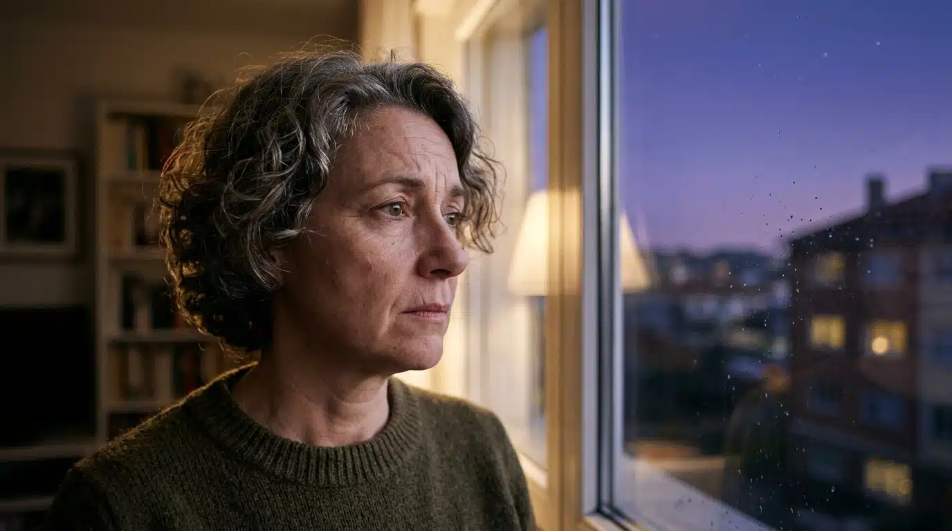 Personne pensive devant un ciel violet étoilé au crépuscule