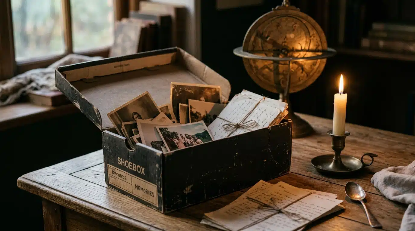 Boîte de vieilles photos et lettres près d'une bougie