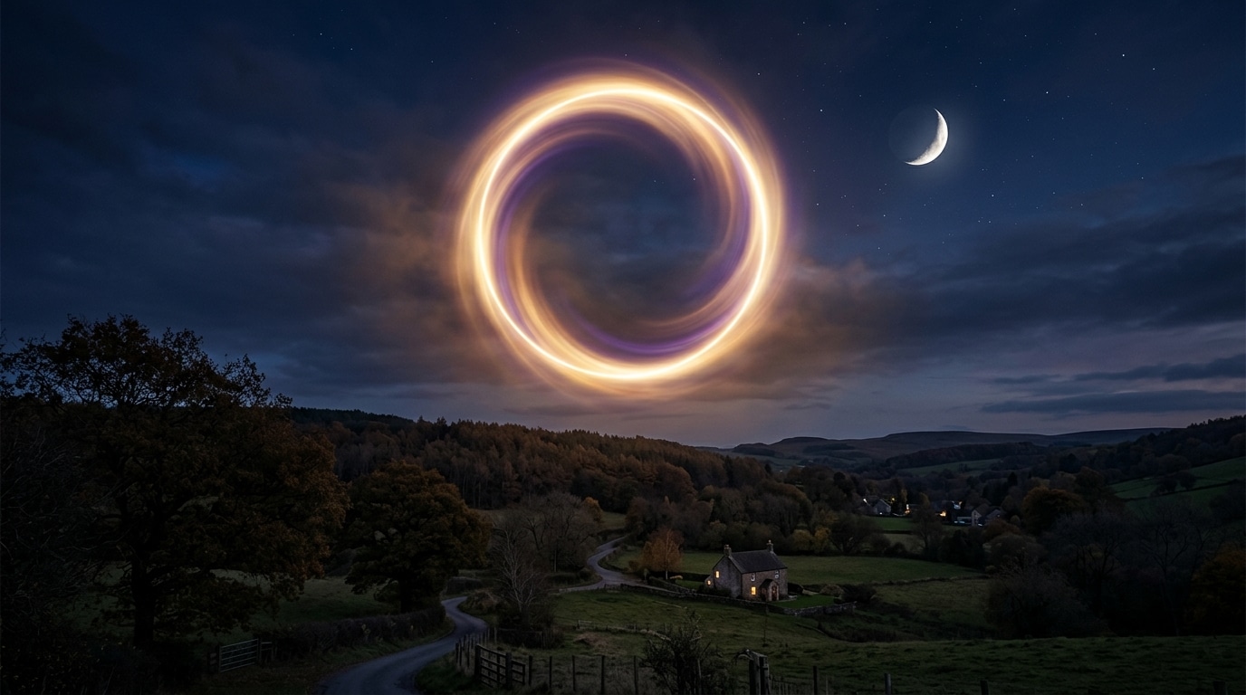 Portail de lumière dorée dans un ciel d'automne étoilé