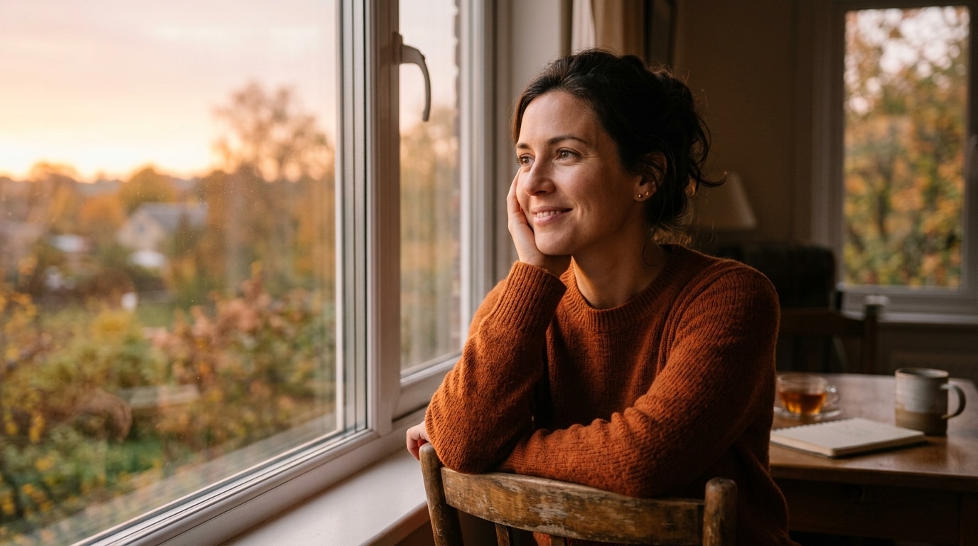 Femme sereine près d'une fenêtre à l'aube en automne