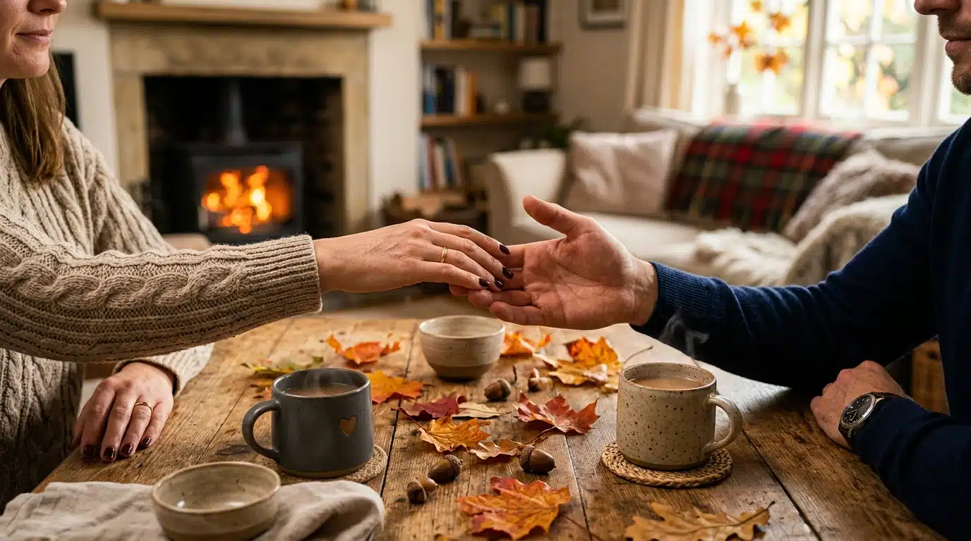 Deux mains qui se rapprochent sur une table d'automne
