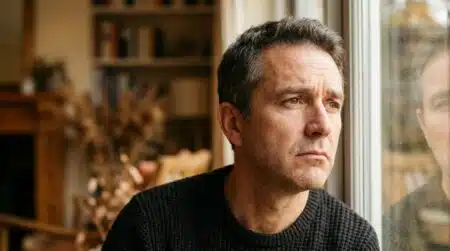 Personne pensive et blessée regardant par la fenêtre en automne