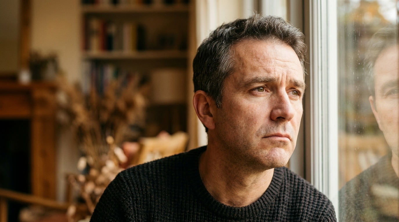 Personne pensive et blessée regardant par la fenêtre en automne