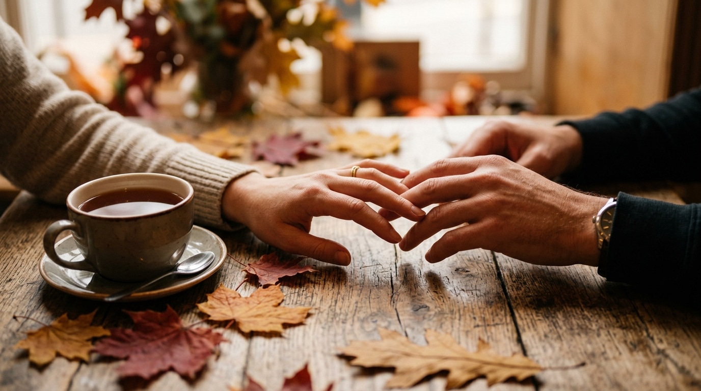Deux mains qui se lâchent près d'une tasse et de feuilles mortes