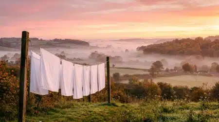 Aube rosée sur la campagne avec draps sur étendoir