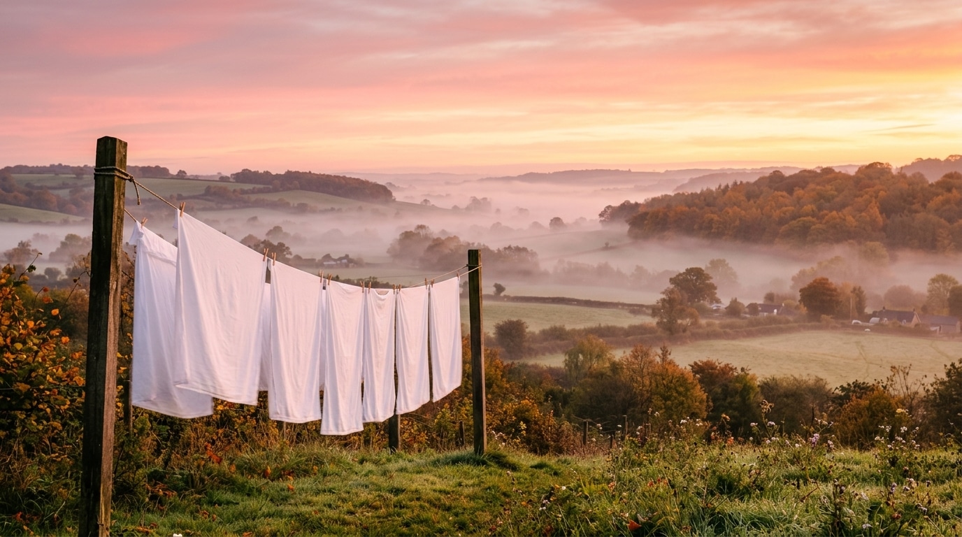 Aube rosée sur la campagne avec draps sur étendoir