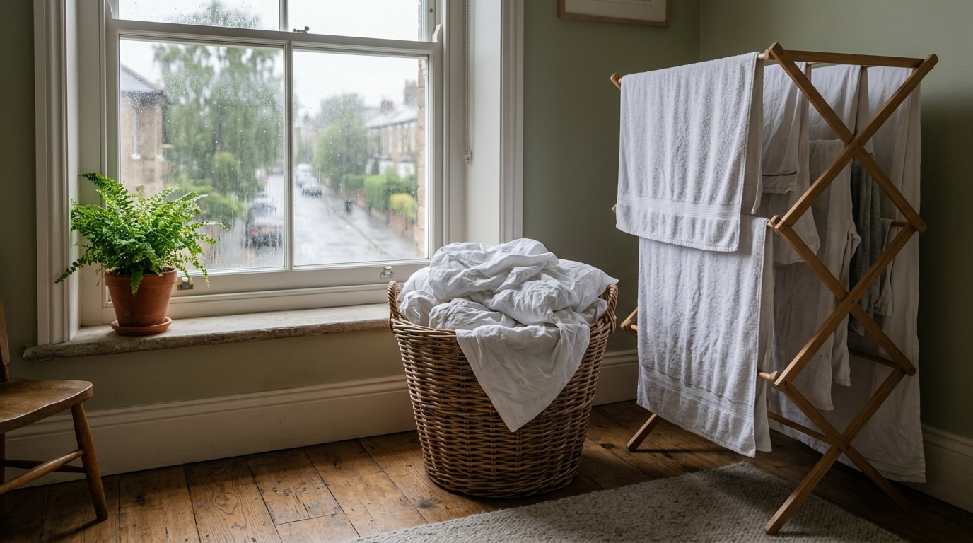 Panier de linge et séchoir intérieur près d'une fenêtre pluvieuse