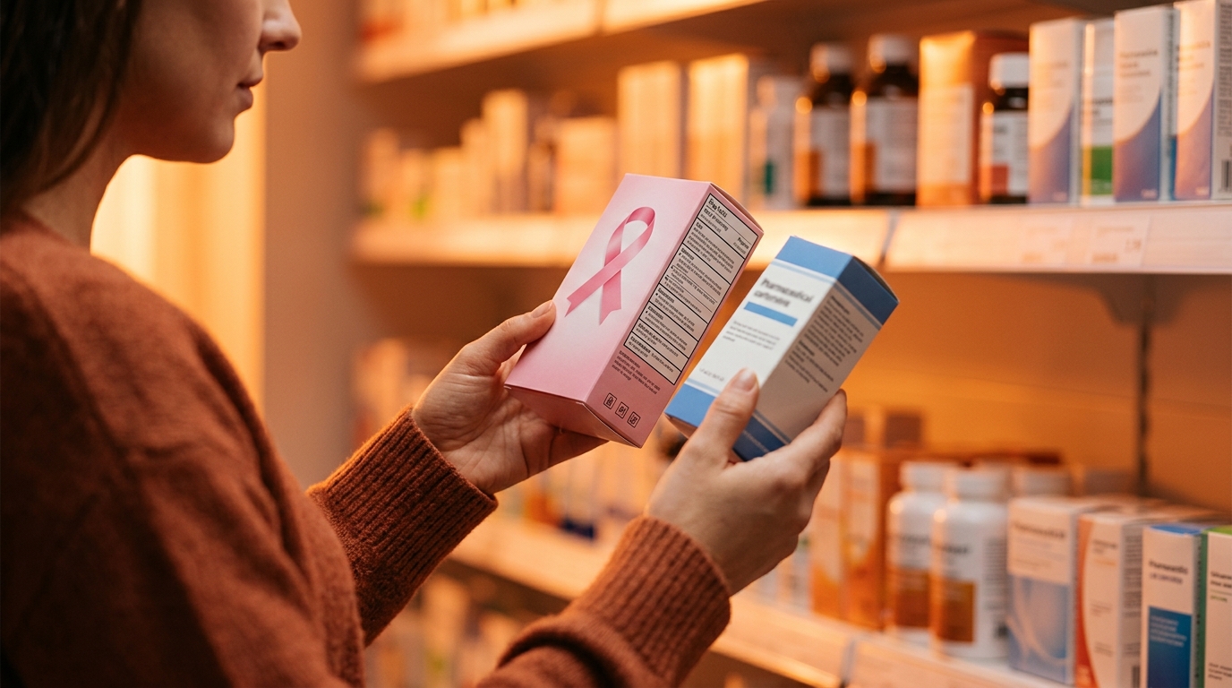 Mains comparant deux produits solidaires en pharmacie