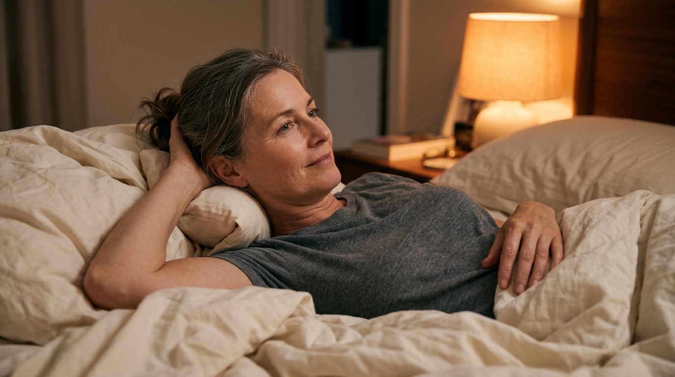 Femme allongée pratiquant l'autopalpation avec un coussin sous l'épaule
