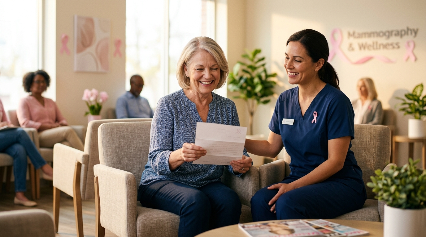 Femme souriante recevant son invitation au dépistage organisé du cancer du sein