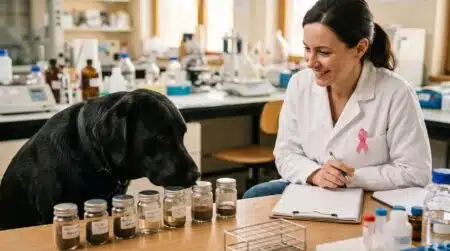 Labrador reniflant des échantillons dans un laboratoire