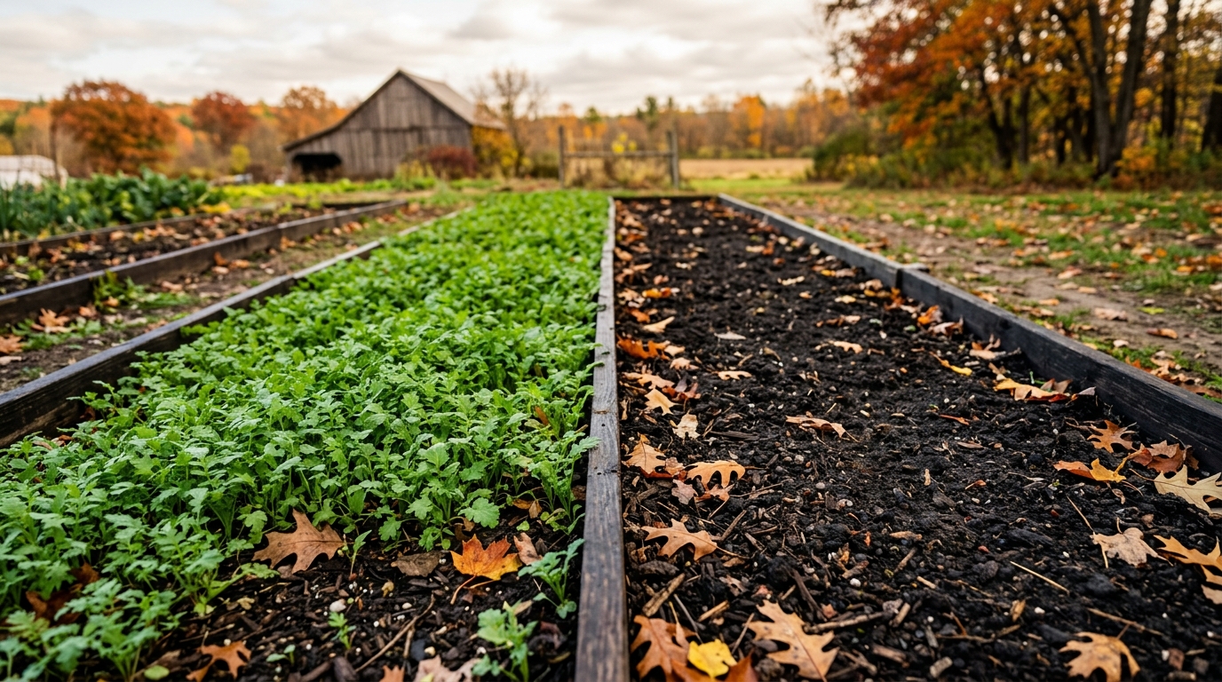 Potager à terre nue contrastant avec un engrais vert