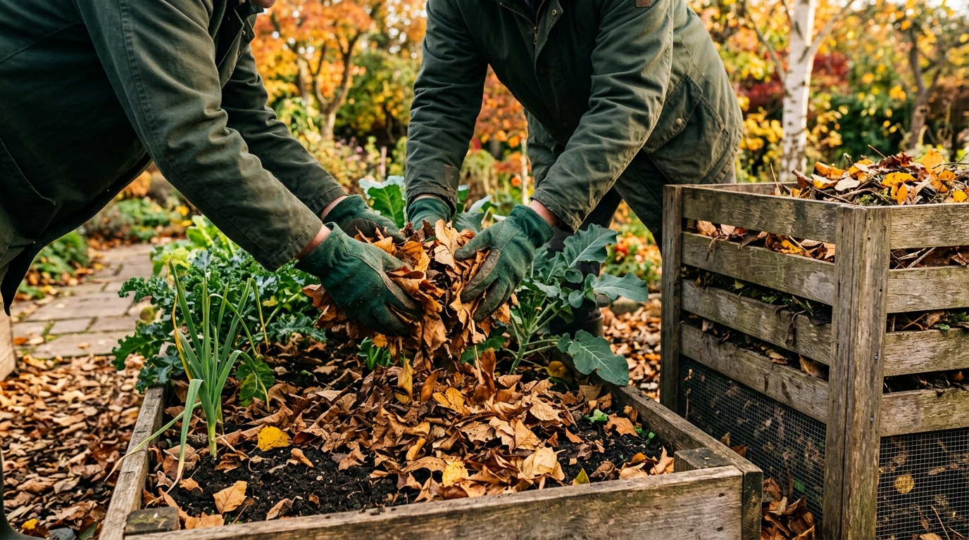 Mains gantées étalant des feuilles mortes sur un potager