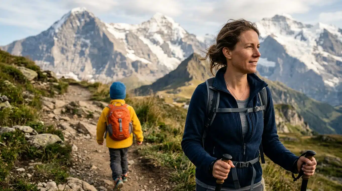Mère et enfant marchant sur un sentier de montagne
