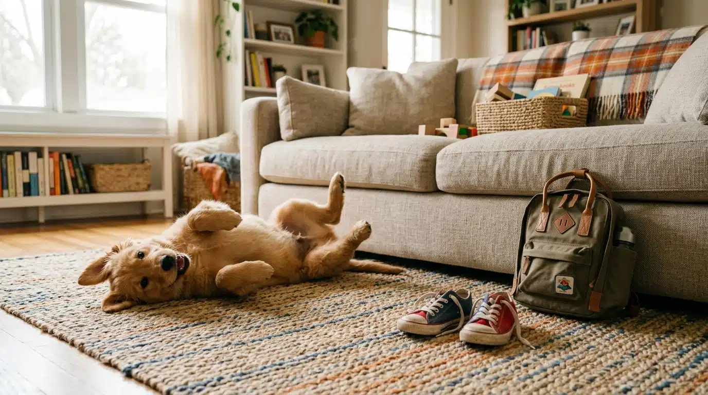Chiot golden retriever jouant sur un tapis près d'un petit sac à dos