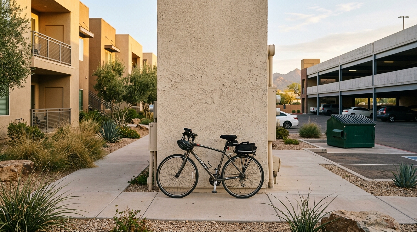 Vélo appuyé contre un mur près d'un immeuble de Scottsdale