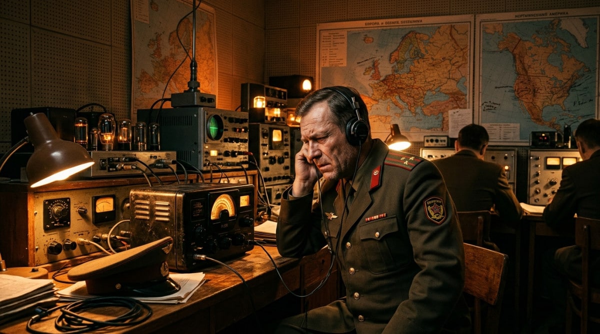 Officier soviétique écoutant une annonce radio en 1962