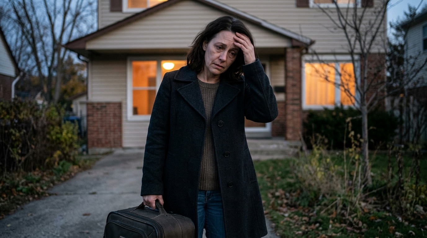 Femme inquiète avec une valise devant une maison