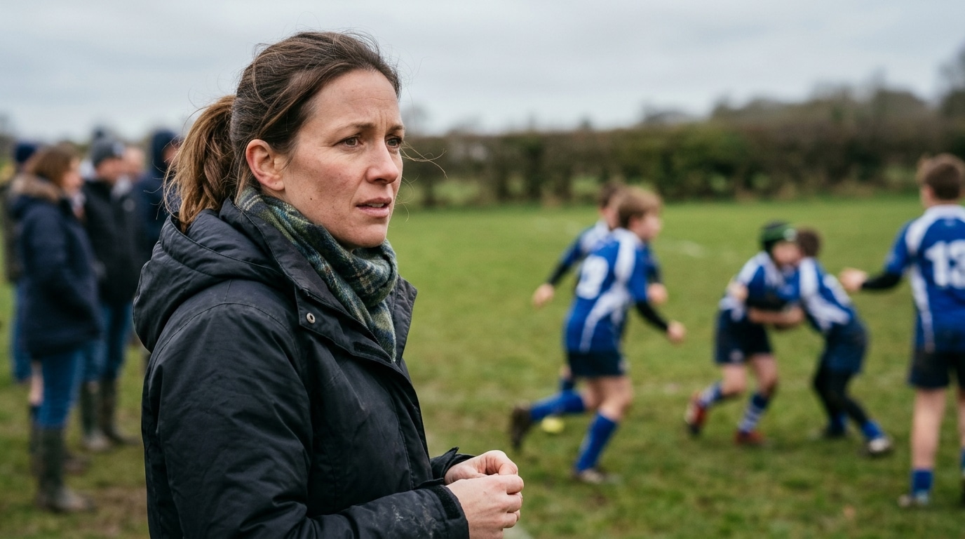 Parent inquiet au bord d'un terrain de rugby