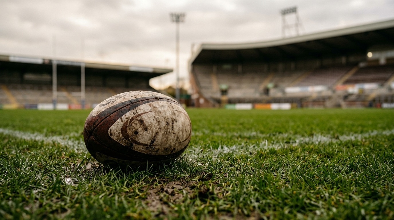 Ballon de rugby posé sur l'herbe humide d'un stade