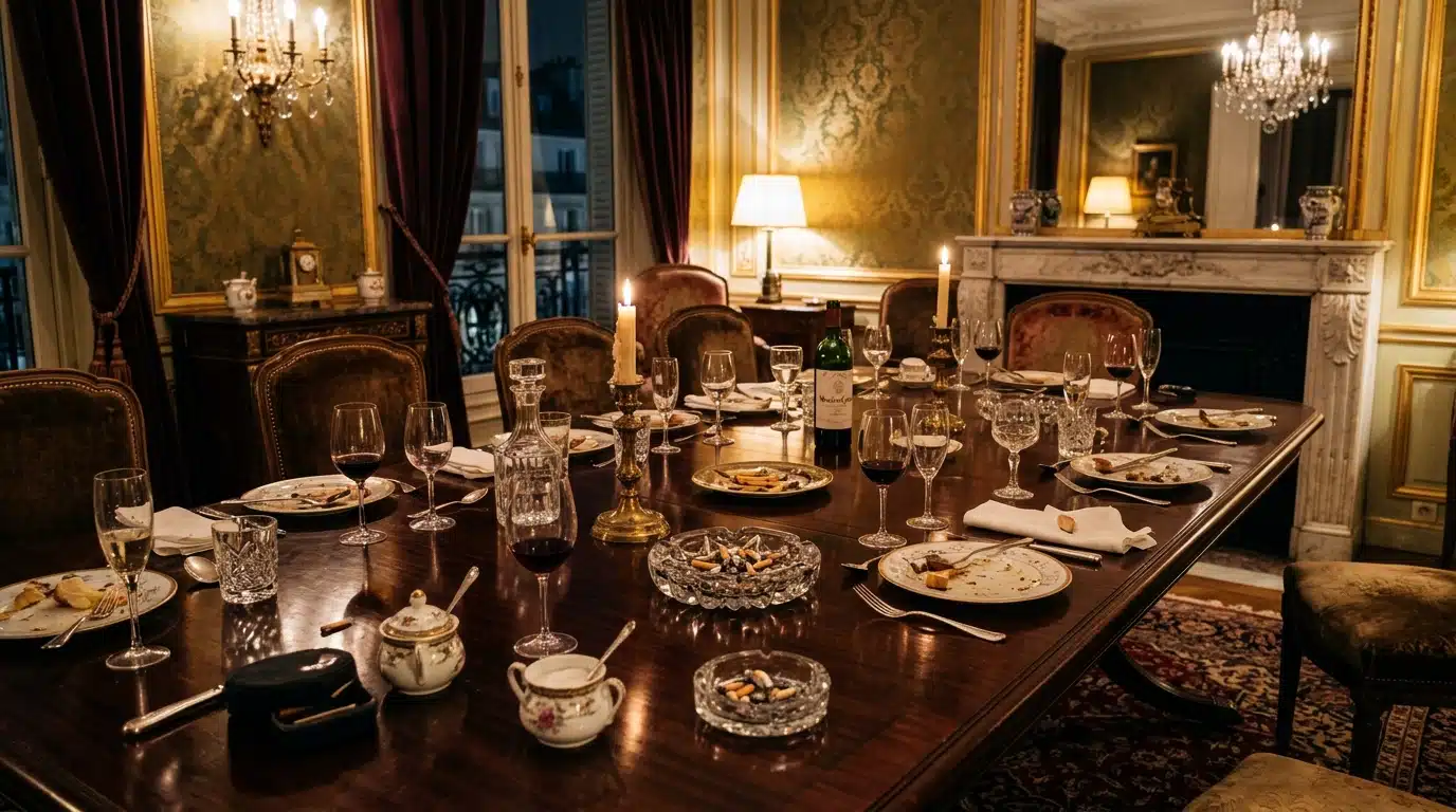 Table de soirée parisienne des années 80, comme celles organisées chez Coluche