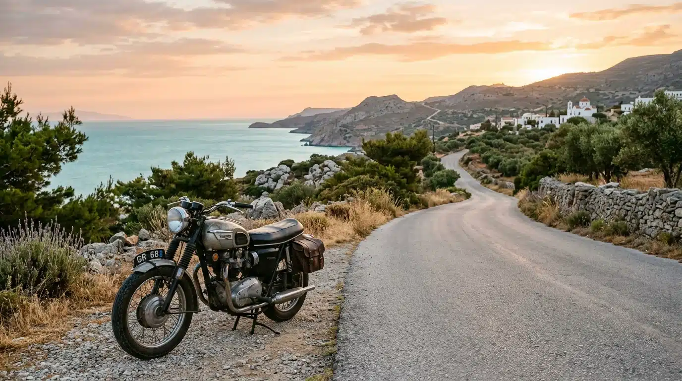Moto garée au bord d'une route du sud de la France, symbole de la légende de Coluche