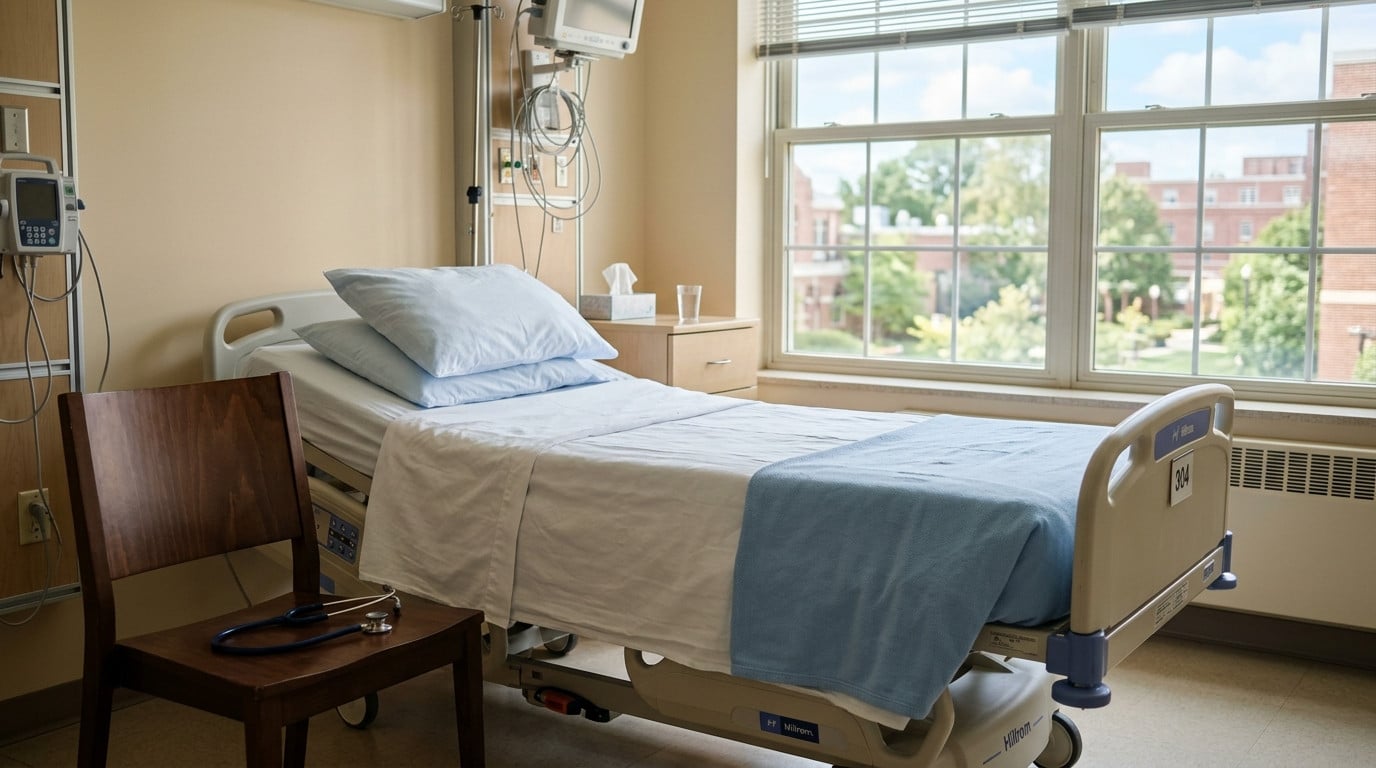 Lit d'hôpital vide près d'une fenêtre ensoleillée