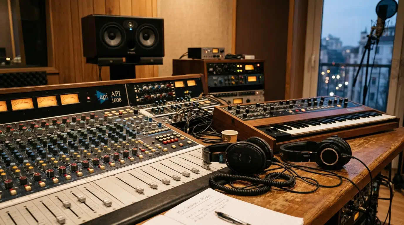 Console de mixage, clavier synthétiseur et casques posés dans un studio d'enregistrement à Milan