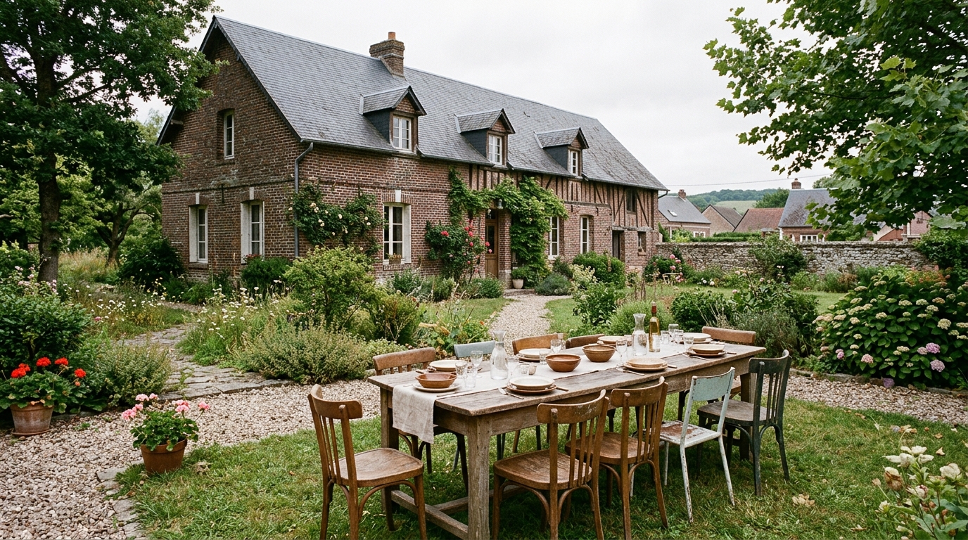 Grande maison en brique avec table de jardin partagée dans un village du Pas-de-Calais