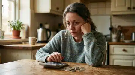Adulte pensif devant une calculette et quelques pièces