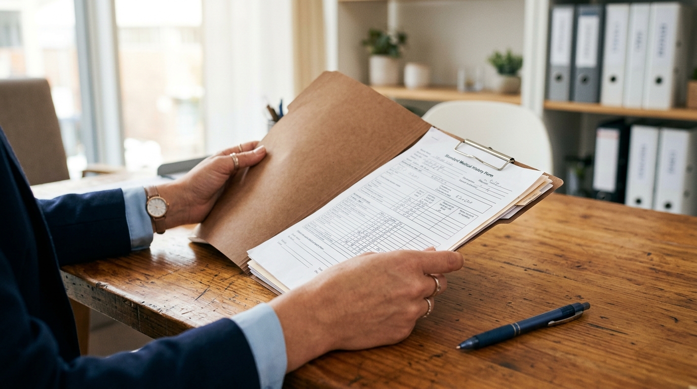 Mains sur un dossier administratif posé sur un bureau