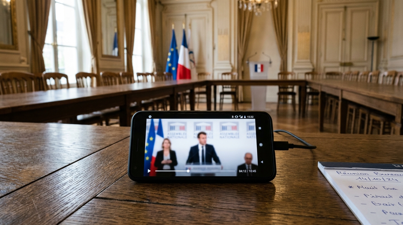 Smartphone posé sur une table de réunion affichant une vidéo floue